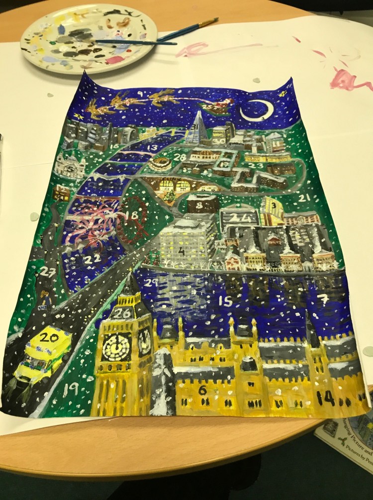 A painting by Ciorsdan Glass showing London in the snow, with Guy's and St Thomas' buildings particularly emphasised. The painting was used to create an online "New Years Eve Calendar" and there are 31 numbers. 