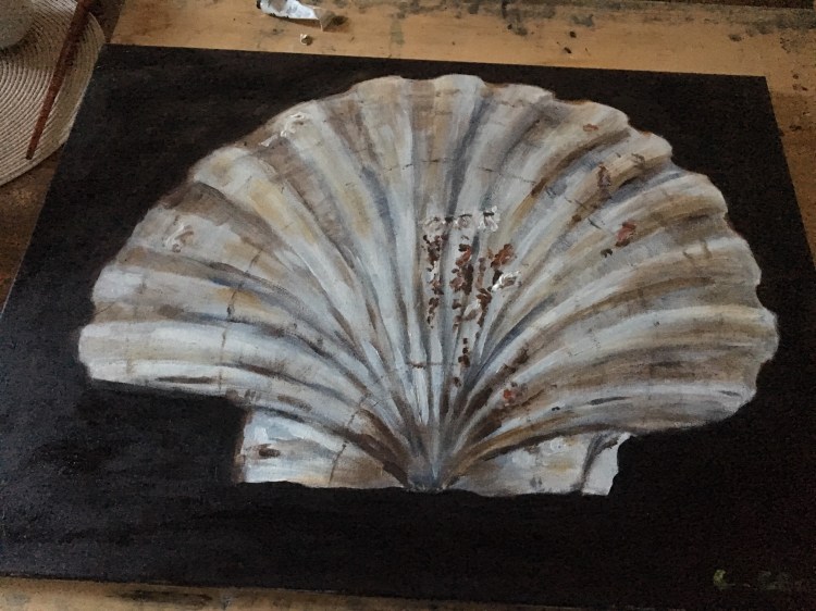 A painting of a large shell by Ciorsdan Glass with a black background.