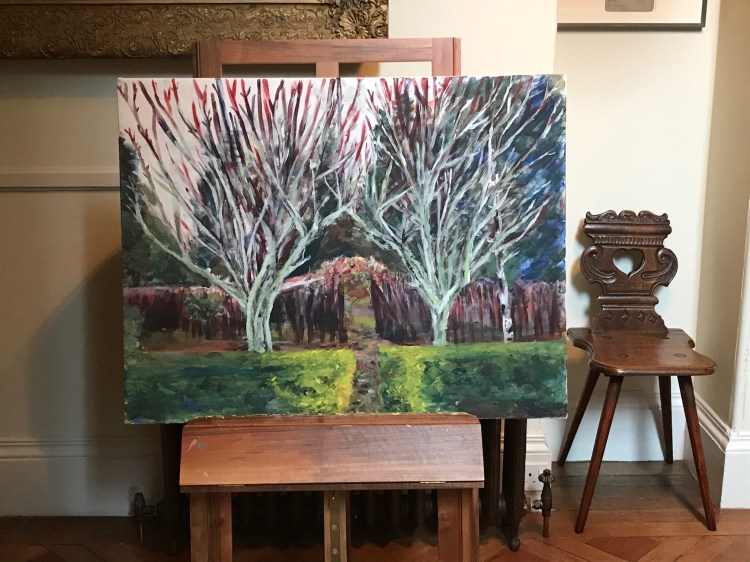 A painting by Ciorsdan Glass showing two trees that are green with lichens. There is a path between them.